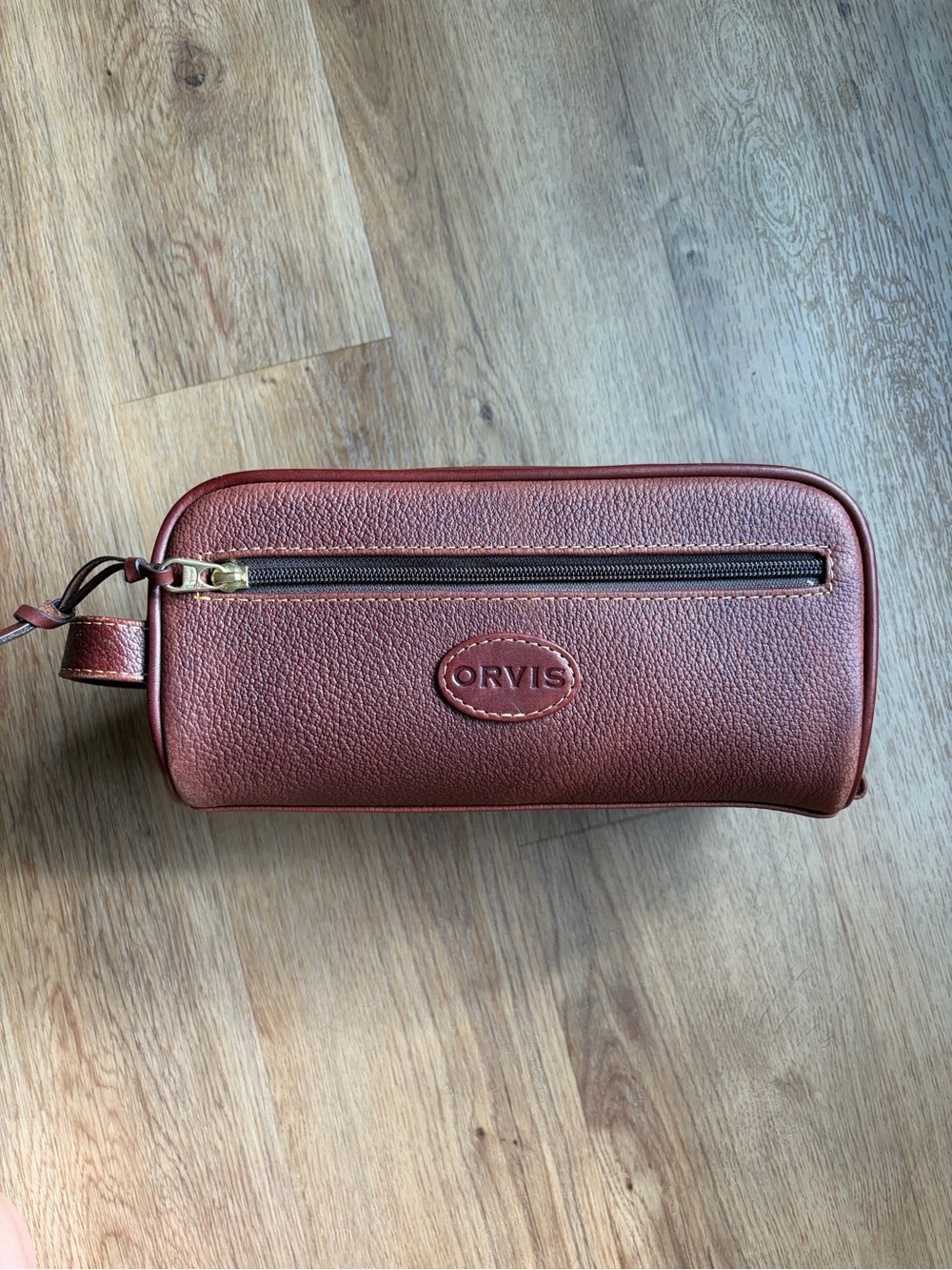 Orvis Pebbled Leather Travel Dopp Kit Toiletry Bag Cognac Brown Plaid